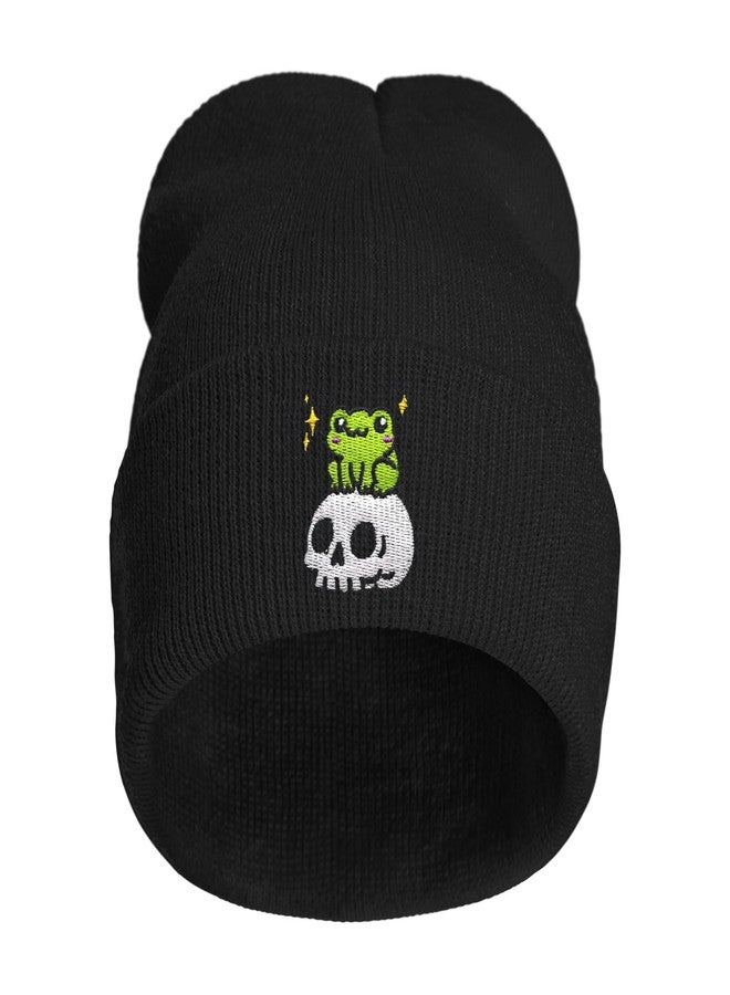 AIMASTZ Cute Frog Skeleton Embroidered Beanie Knit Hat for Men Women, Halloween Goth Graphic Winter Black Skull Cap - Image 1